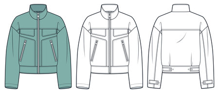 Bomber Jacket fashion flat technical drawing template. Zipped Jacket technical fashion illustration, pocket, front and back view, white, green, women, men, unisex CAD mockup set.のイラスト素材
