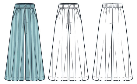 Palazzo Pants fashion technical drawing template, striped design. Wide Leg Pants technical fashion illustration, front, back view, white, green, women, men, unisex CAD mockup set.のイラスト素材