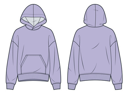 Hooded Sweatshirt technical fashion illustration. Sweatshirt fashion flat technical drawing template, oversize, front, back view, pocket, lilac, women, men, unisex Top CAD mockup.のイラスト素材