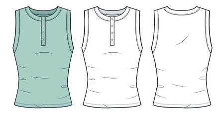 Half Button Tank Top technical fashion illustration. Slim Fit Top fashion flat technical drawing template, front and back view, white, mint green, women, men, unisex CAD mockup setのイラスト素材