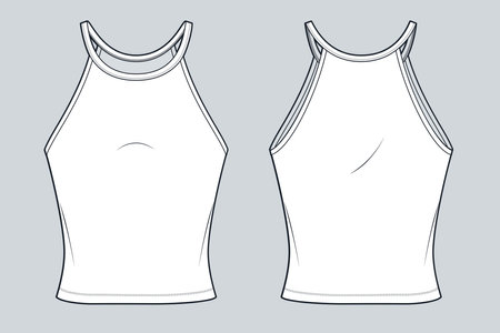 Halter Neck Top technical fashion illustration. Slim Fit Top fashion flat technical drawing template, crew neck, front and back view, white, women, men, unisex CAD mockup set.のイラスト素材