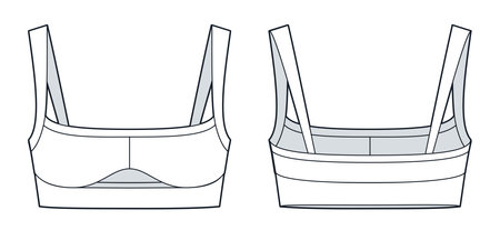 Crop Top technical fashion illustration. Sports Bra fashion flat technical drawing template, square neck, cutout, slim fit, front and back view, white, women Top CAD mockup.のイラスト素材