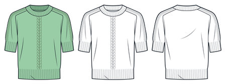 Pigtails Sweater technical fashion illustration. Jumper fashion flat technical drawing template, short sleeve, front and back view, white, green, women, men, unisex CAD mockup set.のイラスト素材