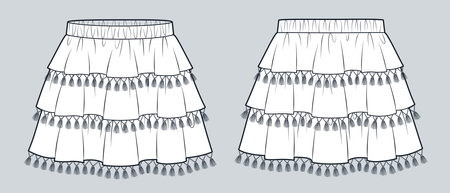 Layered Tassel Skirt technical fashion illustration. Tiered Skirt fashion flat technical drawing template, mini length, elastic waistband, front, back view, white, women CAD mockupのイラスト素材