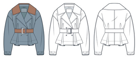 Belted Jacket technical fashion Illustration. Trench Coat fashion technical drawing template, double-breasted, front and back view, white, blue grey, women, men, unisex CAD mockup.のイラスト素材
