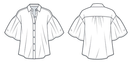 Puff Sleeve Blouse technical fashion illustration. Button down Shirt fashion flat technical drawing template, front and back view, white, women CAD mockup.のイラスト素材