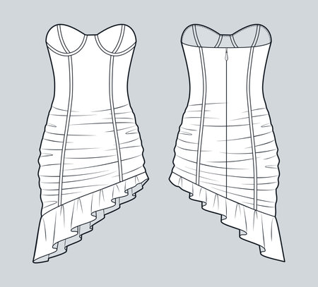 Draped mini Dress technical fashion illustration. Bustier Mini Dress fashion flat technical drawing template, asymmetric, ruffle, front and back view, white, women CAD mockup.のイラスト素材