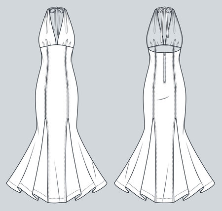 Godet Dress technical fashion illustration. Halter Maxi Dress fashion flat technical drawing template, zipper, ties, slim fit, front and back view, white, women CAD mockup.のイラスト素材