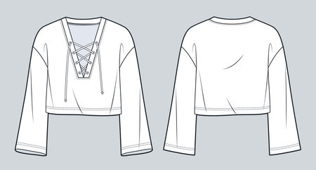 Lace Up Top technical fashion illustration. Cropped Shirt fashion flat technical drawing template, v neck, bell sleeve, front and back view, white, women, men, unisex CAD mockup.のイラスト素材