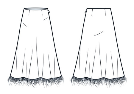 Slip Skirt with Feather Trim technical fashion illustration. Midi Skirt fashion flat technical drawing template, bias cut, zipper, front, back view, white, women Skirt CAD mockup.のイラスト素材
