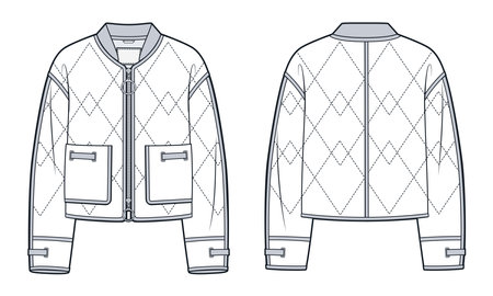 Down Jacket technical fashion Illustration. Bomber Jacket fashion technical drawing template, pocket, zipper, eyelet, quilted, front back view, white, women, men, unisex CAD mockupのイラスト素材