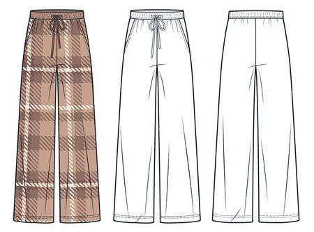 Wide leg Pants fashion flat technical drawing template, plaid design. Jogger Pants technical fashion illustration, front back view, white, mocha, women, men, unisex CAD mockup set.のイラスト素材