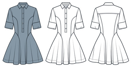 Shirt Dress technical fashion Illustration. Flared mini Dress fashion flat technical drawing template, button, short sleeve, front and back view, white, blue, women CAD mockup set.のイラスト素材