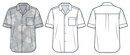 Open Collar Shirt technical fashion Illustration, floral pattern. Cuban Collar Shirt fashion technical drawing template, front back view, white, grey, women, men, unisex CAD mockupのイラスト素材