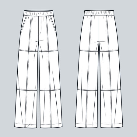 Wide leg Pants fashion flat technical drawing template. Jogger Pants technical fashion illustration, pockets, front and back view, white, women, men, unisex CAD mockup.のイラスト素材