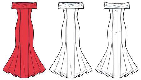 Off Shoulder Dress Technical Fashion Illustration. Godet maxi Dress fashion flat technical drawing template, slim fit, front and back view, white, red, women CAD mockup set.のイラスト素材