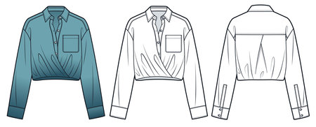 Cropped Collar Shirt Technical Fashion Illustration. Wrap Blouse fashion flat technical drawing template, front and back view, white, turquoise, women, men, unisex CAD mockup.のイラスト素材