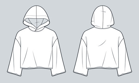 Crop Oversized Hoodie Technical Fashion Illustration. Hooded Sweatshirt fashion flat technical drawing template, raw hem, front and back view, white, women, men, unisex CAD mockup.のイラスト素材