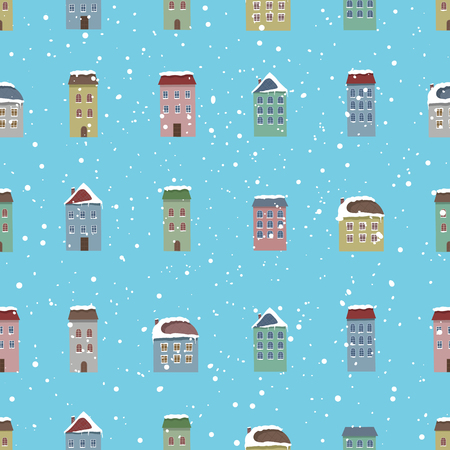 Lovely house isolated on a blue background. Merry Christmas. Snowfall. Winter. Seamless pattern. Vector illustration.のイラスト素材