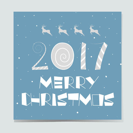 Christmas card with symbol 2017, Merry Christmas and reindeer. Each element is isolated on a blue background. Vector illustration.のイラスト素材