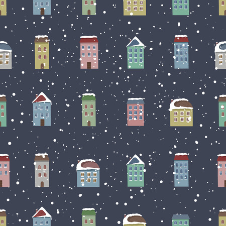 Fairy houses isolated on night background. Merry Christmas. Snowfall. Winter. Seamless pattern. Vector illustration. Hand drawn holiday illustrationのイラスト素材