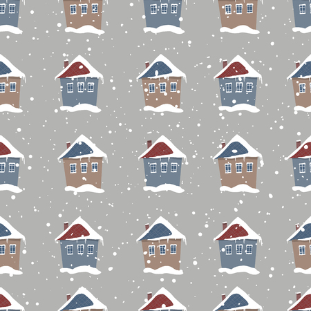 Lovely Christmas house in the snow. Hand Drawn holiday illustration isolated on background. Snowfall. Winter. Vector illustration. Seamless pattern.のイラスト素材