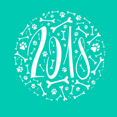 New year lettering 2018. Bones and dog tracks Vector Illustration Isolated on black background.のイラスト素材