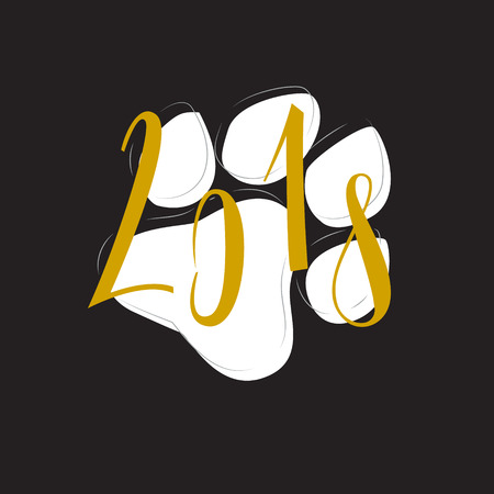 The lettering-2018 and the footprint of the dog  isolated on a black background. Vector illustration on holiday themes. Year of the dog.のイラスト素材
