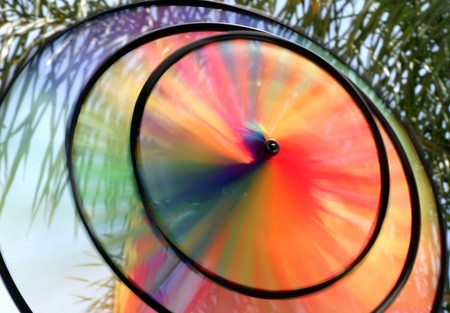 A round and colorful wind wheel made from fabric.の写真素材