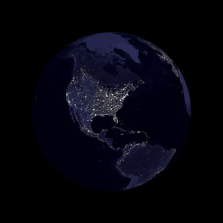 Earth globe with north America lights showing on black background.  Some components of this image are provided courtesy of NASA, and have been found at visibleearth.nasa.govの写真素材