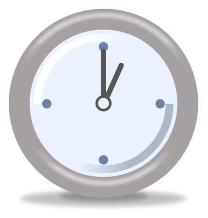 Silver and blue clock on white background showing one