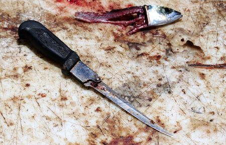 Fish meat used as bait on a bloody board.