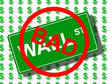 Green wall street sign in front of dollar icons.の写真素材