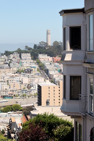 Coit Tower viewed from Lombard Street in San Francisco, Californiaのeditorial素材