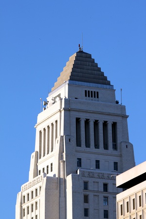 Top part and rooftop of the city hall in downtown Los Angelesの写真素材