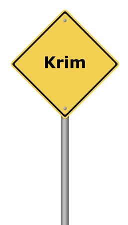 Yellow warning sign with the text Krim.の写真素材