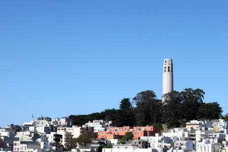 Coit Tower viewed from Lombard Street in San Francisco, Californiaのeditorial素材