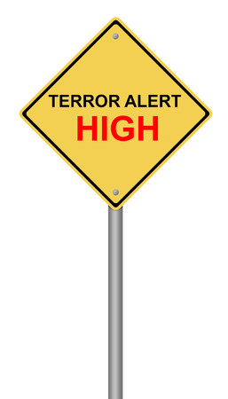 Yellow warning sign with the text Terror Alert High.の写真素材