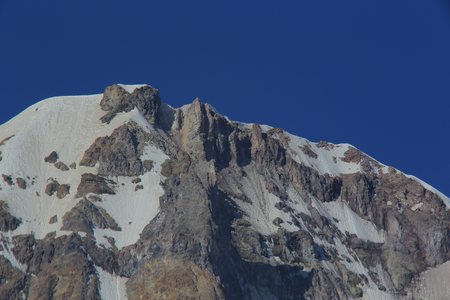 Summit of Oregon's Mount Hood seen from Cloud Cap. Shows the rocks, ice and snow. The Cooper Spur...