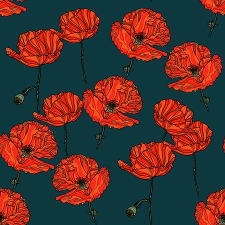 Seamless floral pattern with poppy flowers on dark background. Vector illustration. Typography design elements for prints, cards, posters, products packaging, branding.のイラスト素材