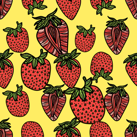 Seamless pattern with pink strawberries on yellow background, vector illustration.のイラスト素材