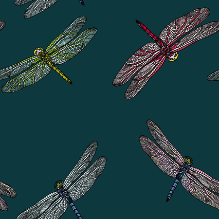 Seamless pattern with dragonfly on dark background. Typography design elements for prints, cards,...