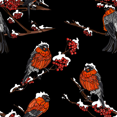 Seamless pattern with bullfinches on the snow-covered branches of mountain ash. Typography design elements for prints, cards, posters, products packaging, branding.のイラスト素材