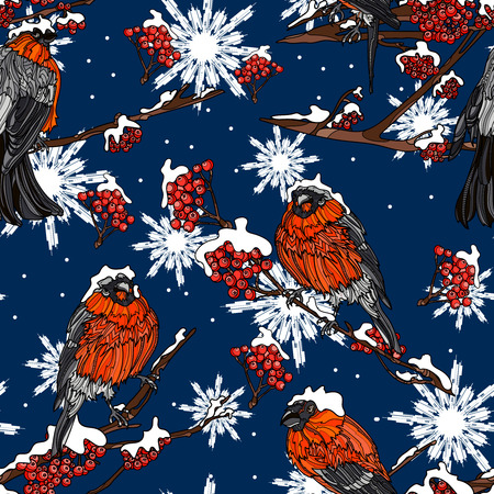 Seamless pattern with bullfinches on the  snow-covered branches of mountain ash.  Vector illustration. Typography design elements for prints, cards, posters, products packaging, branding.のイラスト素材