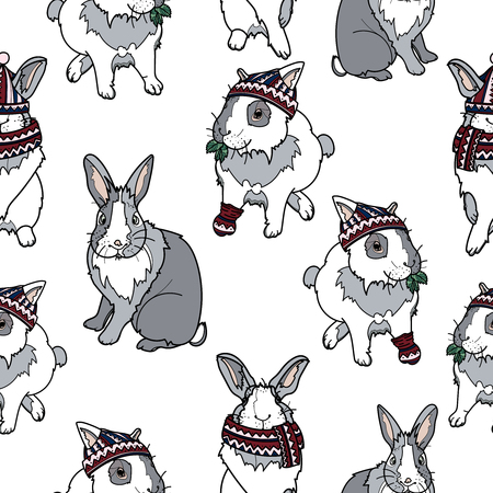 Seamless pattern with cute grey bunny in winter warm hat and scarf on white background vector illustration. Typography design for prints, cards, posters, products packaging, branding.のイラスト素材