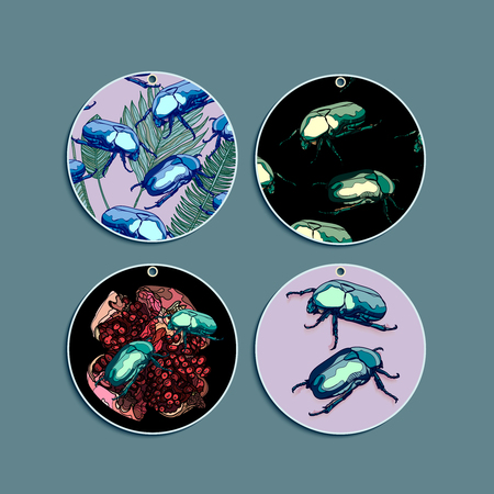 Set of summer round gift tags with scarab beetles,tropical leaves and pomegranate fruit. Paper labels.のイラスト素材