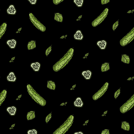 Cucumber seamless pattern on black background. Vector illustration for ads, menu and web banner designs. Organic and healthy food concept.のイラスト素材