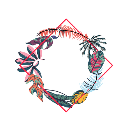Tropical leaves and geometry shape. Round frame. Trendy vector illustration.のイラスト素材