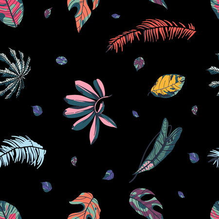 Tropical palm leaves, jungle leaf seamless pattern on black background.  Vector illustration in trendy style.のイラスト素材
