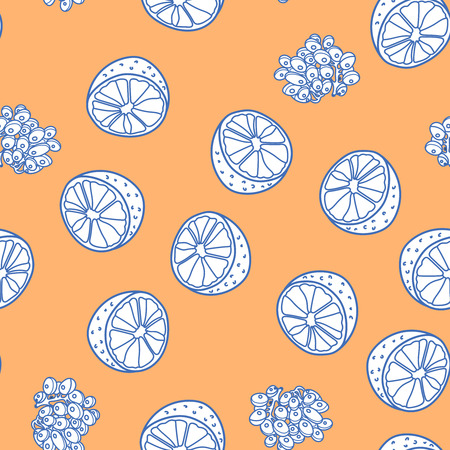 Fruits seamless pattern with orange and  grape on yellow background. Vector illustration for ads, menu and web banner designs. Organic and healthy food concept.のイラスト素材